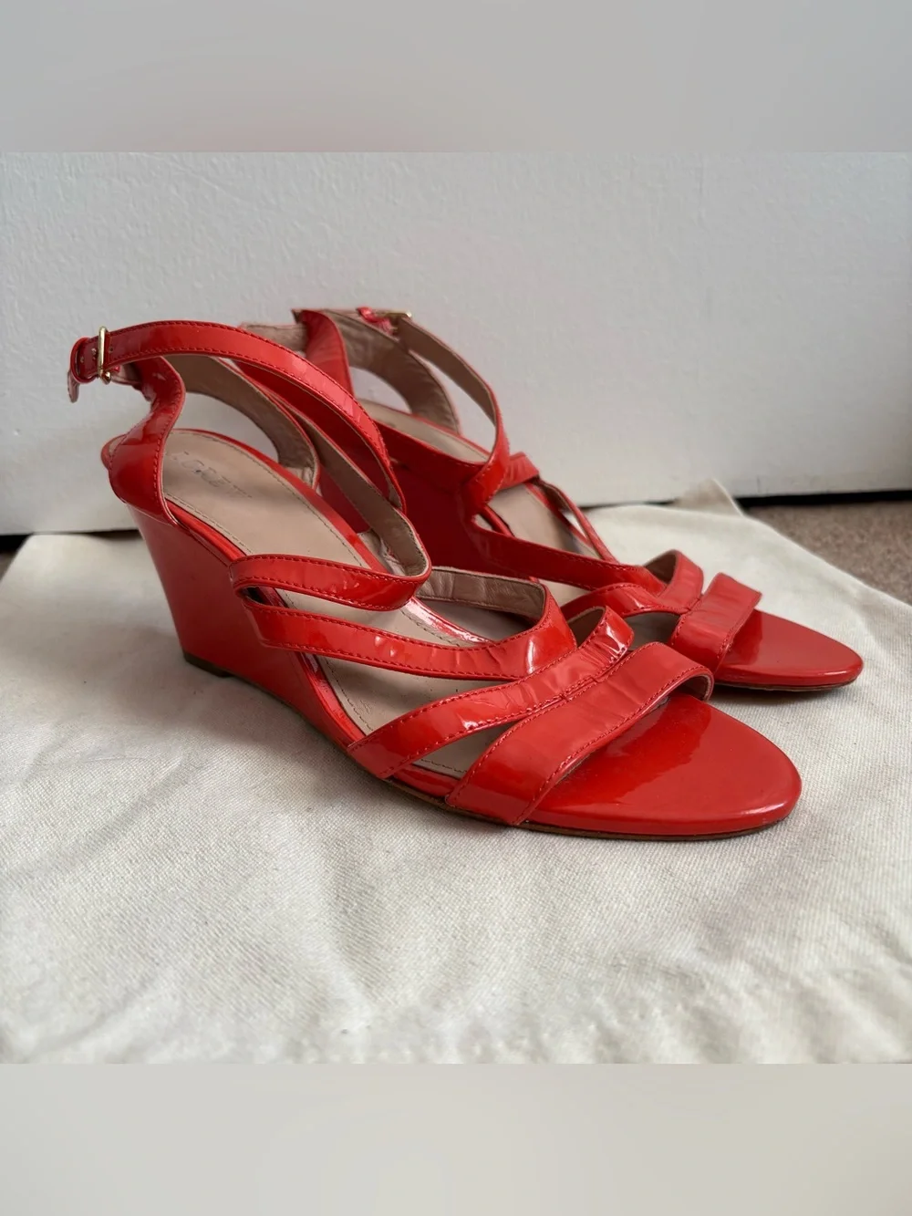 J.CREW Women’s Coral Patent Leather Strappy Wedge Sandals Ankle Strap US 8